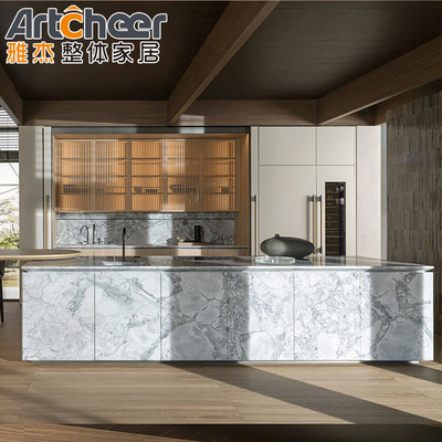 comprar Armário de cozinha moderno e elegante com revestimento de carvalho claro laminado e tamanho personalizável fabricação em linha