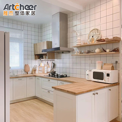 comprar E0 Armários de cozinha modulares 2022 Tendências de madeira maciça com balcão de aço inoxidável fabricação em linha