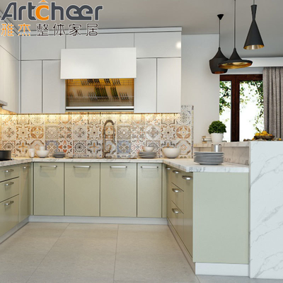 comprar Green Color Quartz Stone Top U Shape Cabinet de cozinha para design de cozinha moderno e elegante fabricação em linha