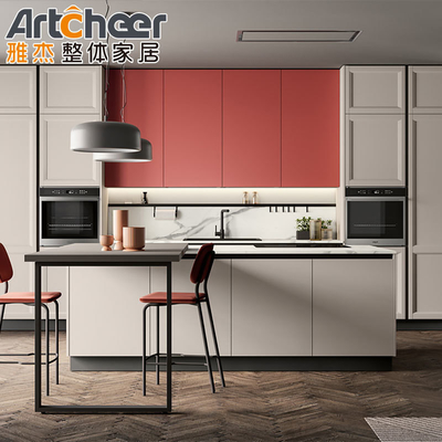 comprar Armários de cozinha de design escandinavo clássico com painel ENF rosa e mesa de pequena ilha fabricação em linha