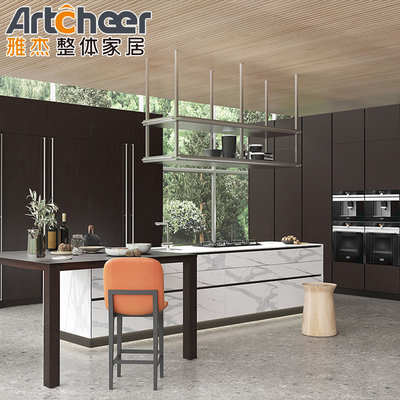comprar Armário de cozinha moderno e elegante de aço inoxidável em MDF branco com backsplash e ilha fabricação em linha